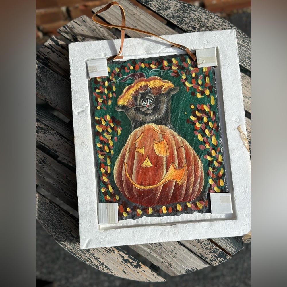 Cat & Jack O’Lantern slate plaque
